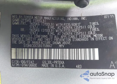 2011 Toyota Sienna Le V6 from USA, damaged, VIN 5TDKK3DC5BS159847